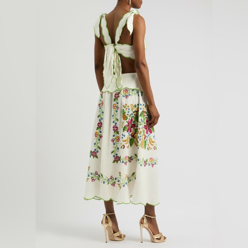 Farm Rio Tropical Romance Floral-embroidered Linen-blend Midi Dress Size XL - Picture 11 of 15